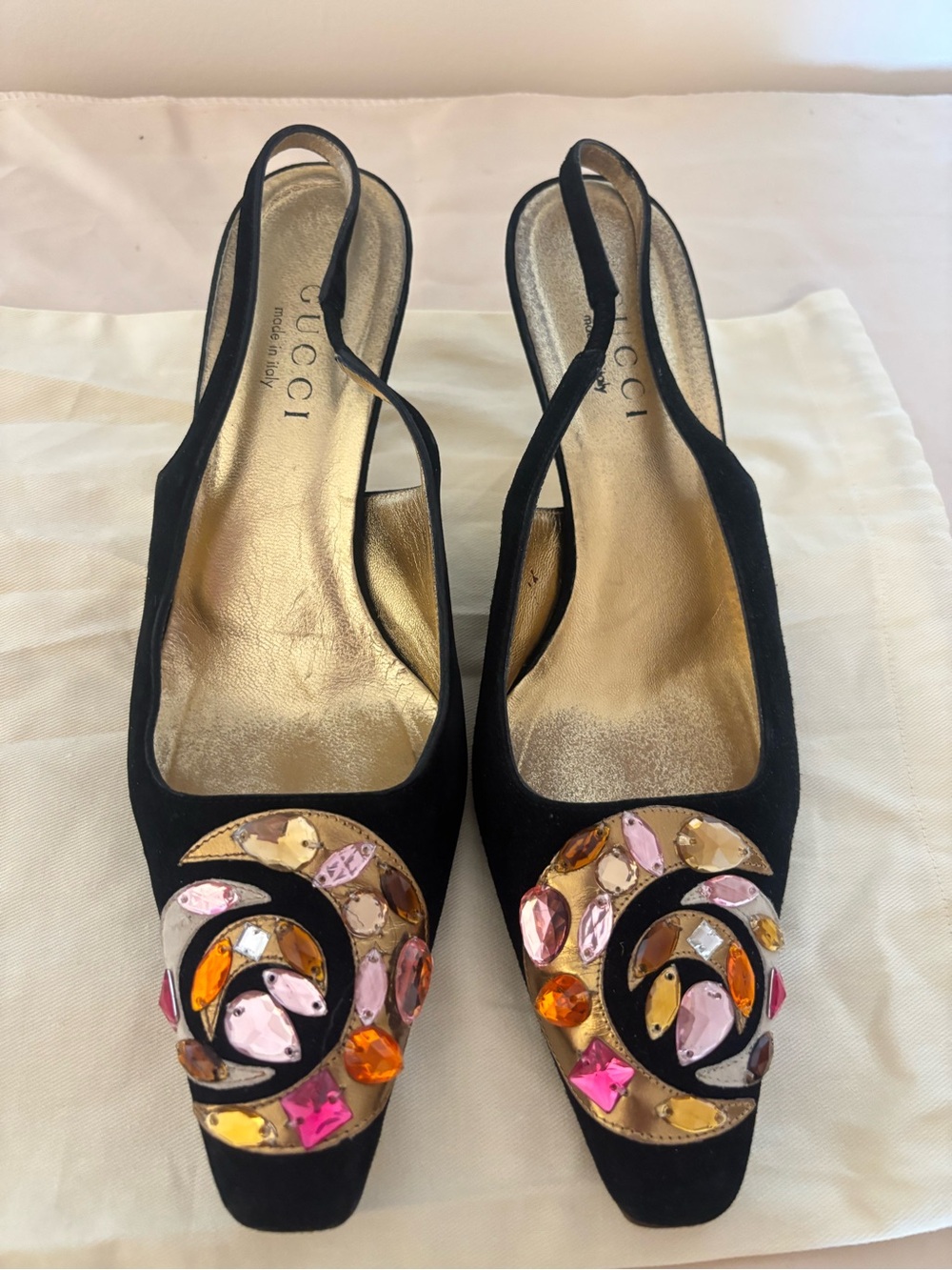 Gucci Vintage Black Suede Slingback Pumps with Multicolor Crystal Motif
